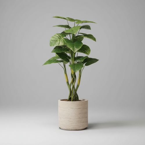 A tall potted artificial green plant with large glossy leaves, displayed in a modern room next to a brown leather armchair and a dark wood-paneled wall.