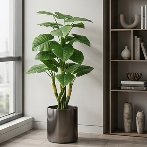 A tall green houseplant with large tropical leaves in a dark metallic cylindrical pot, placed indoors beside a window and a wooden bookshelf.
