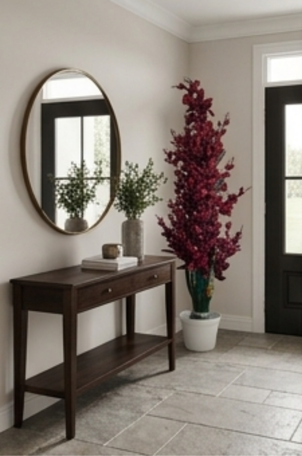 A tall artificial floral arrangement in a white pot, shown prominently at the top and repeated in multiple smaller interior room scenes along the bottom. The product appears to be a decorative faux plant with dense dark red to burgundy leaves and stems, plus green leafy lower portions.