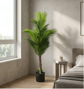 A collage showing an artificial palm tree plant in multiple interior settings. The main large panel at the top left shows the full plant in a black pot against a light beige background.