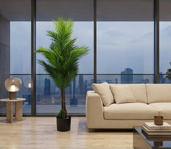 A collage showing an artificial palm tree plant in multiple interior settings. The main large panel at the top left shows the full plant in a black pot against a light beige background.