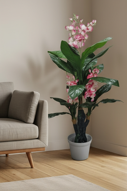 A collage showing a potted artificial orchid plant in multiple interior settings. The large top image shows the plant alone against a plain light beige wall, while the smaller surrounding images display it in living rooms, offices, and modern interior spaces.