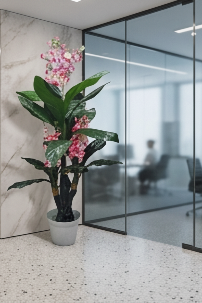 A collage showing a potted artificial orchid plant in multiple interior settings. The large top image shows the plant alone against a plain light beige wall, while the smaller surrounding images display it in living rooms, offices, and modern interior spaces.