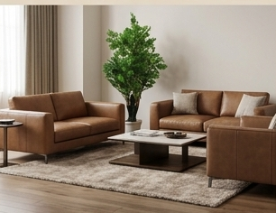 A collage of multiple interior scenes featuring potted artificial green trees and plants in different living room, lobby, and studio settings. The collage includes close-up views of the leaves and trunk, showing realistic foliage texture and dark green bark.