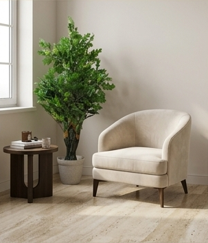 A collage of multiple interior scenes featuring potted artificial green trees and plants in different living room, lobby, and studio settings. The collage includes close-up views of the leaves and trunk, showing realistic foliage texture and dark green bark.
