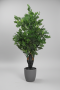 A collage of multiple interior scenes featuring potted artificial green trees and plants in different living room, lobby, and studio settings. The collage includes close-up views of the leaves and trunk, showing realistic foliage texture and dark green bark.