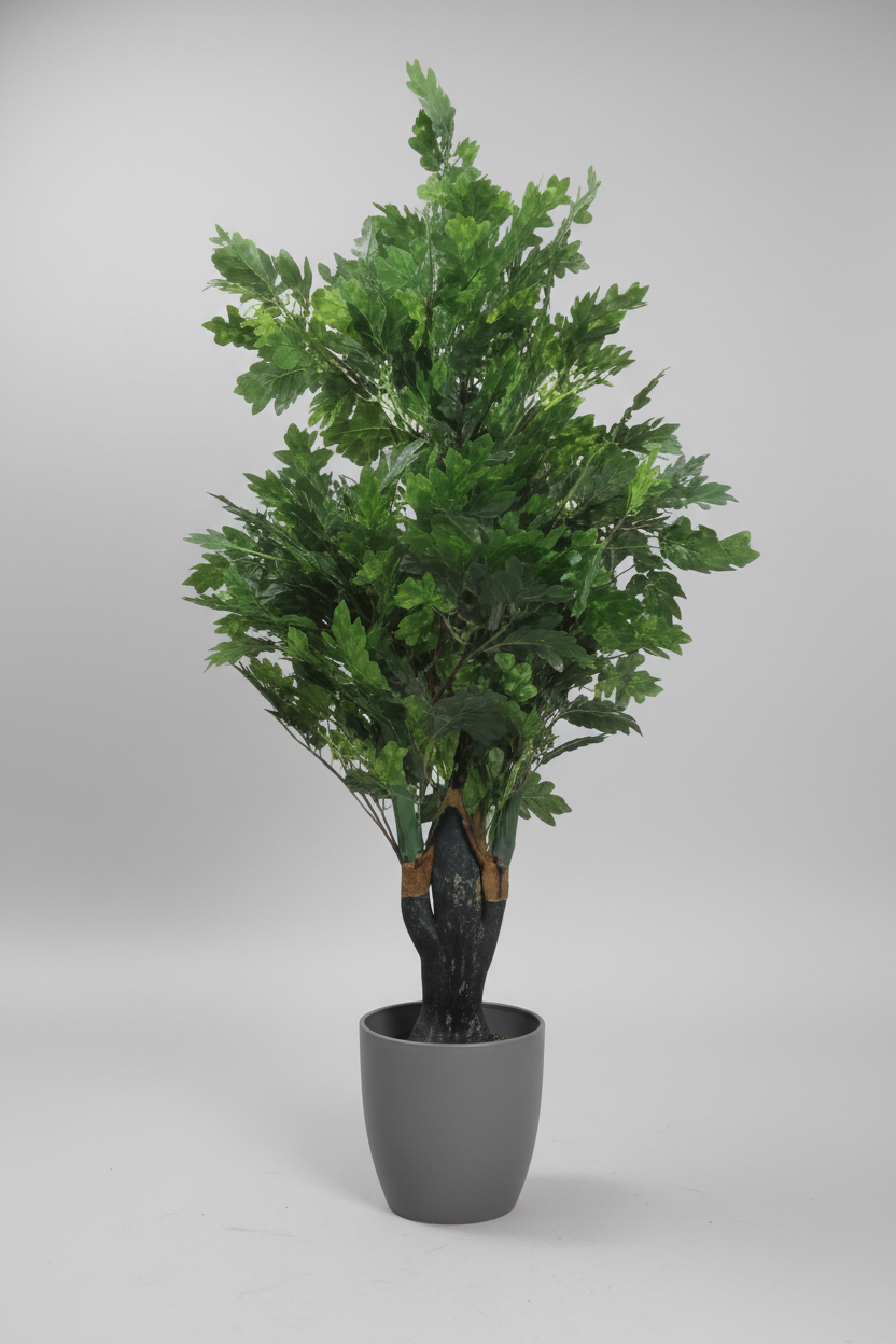 A collage of multiple interior scenes featuring potted artificial green trees and plants in different living room, lobby, and studio settings. The collage includes close-up views of the leaves and trunk, showing realistic foliage texture and dark green bark.
